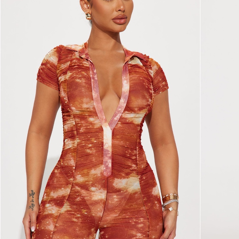 Fashion Nova Orange Mesh Jumpsuit